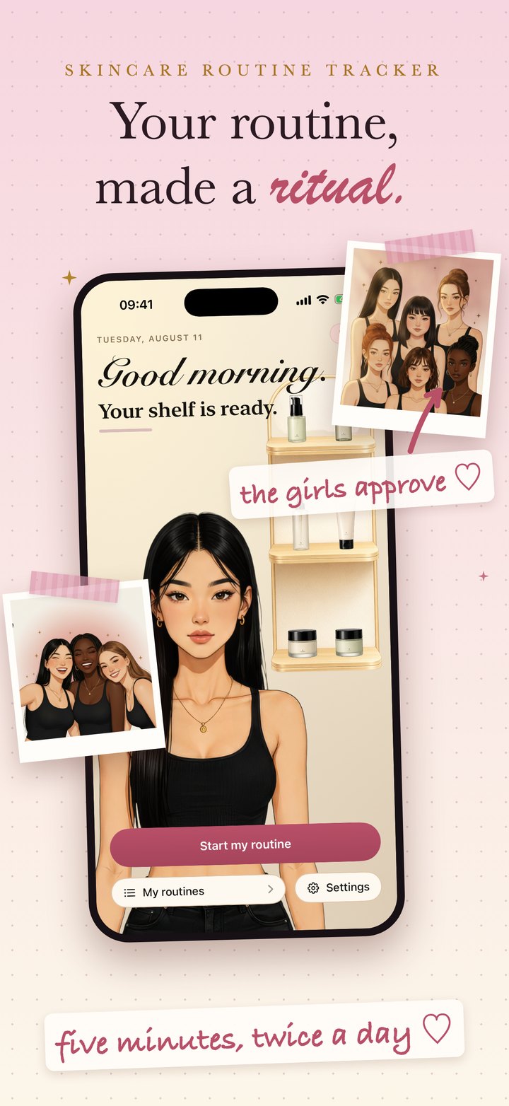 Glossa app: an illustrated heroine in the mirror above a shelf with your skincare products